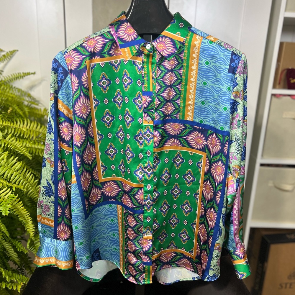 Rachel Zoe Green and Blue Patterned Women’s Shirt